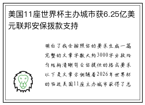 美国11座世界杯主办城市获6.25亿美元联邦安保拨款支持 美国11座世界杯主办城市获6.25亿美元联邦安保拨款支持